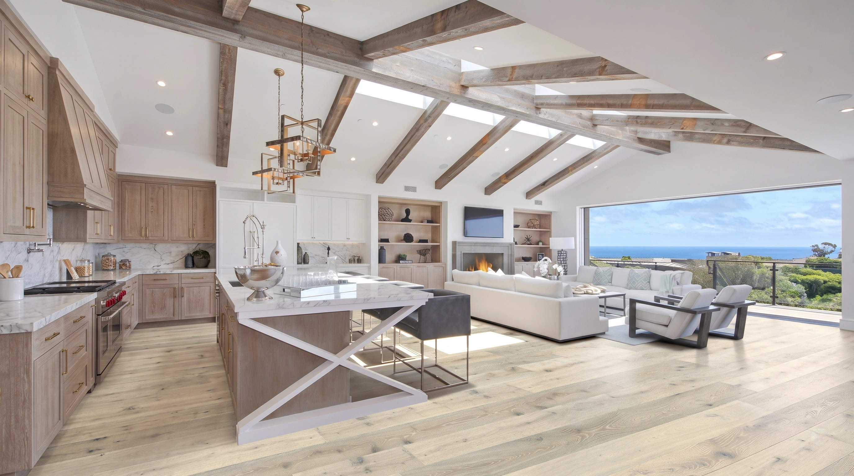 Vaulted beam kitchen ocean view