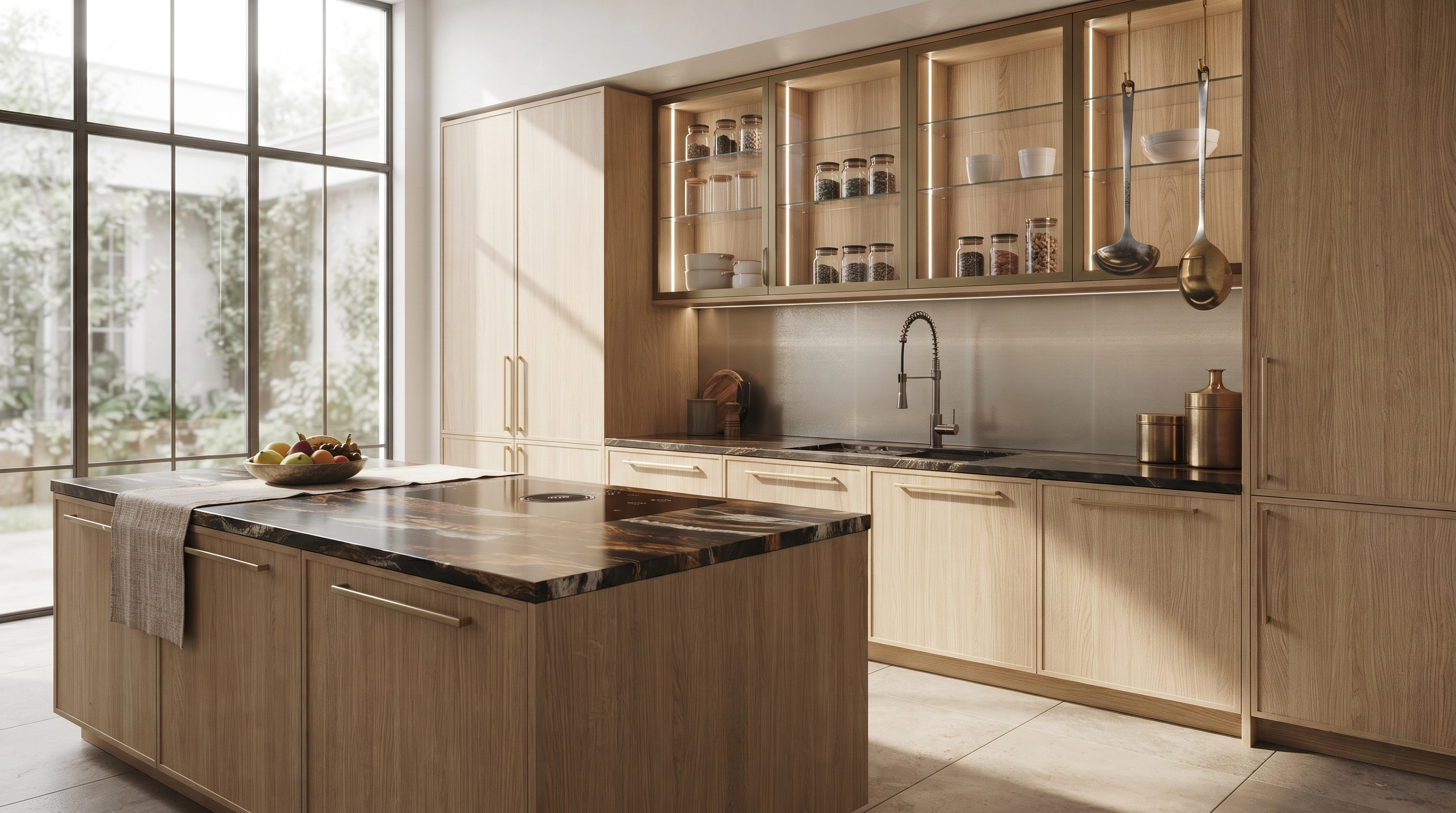 Warm wood kitchen glass cabinets