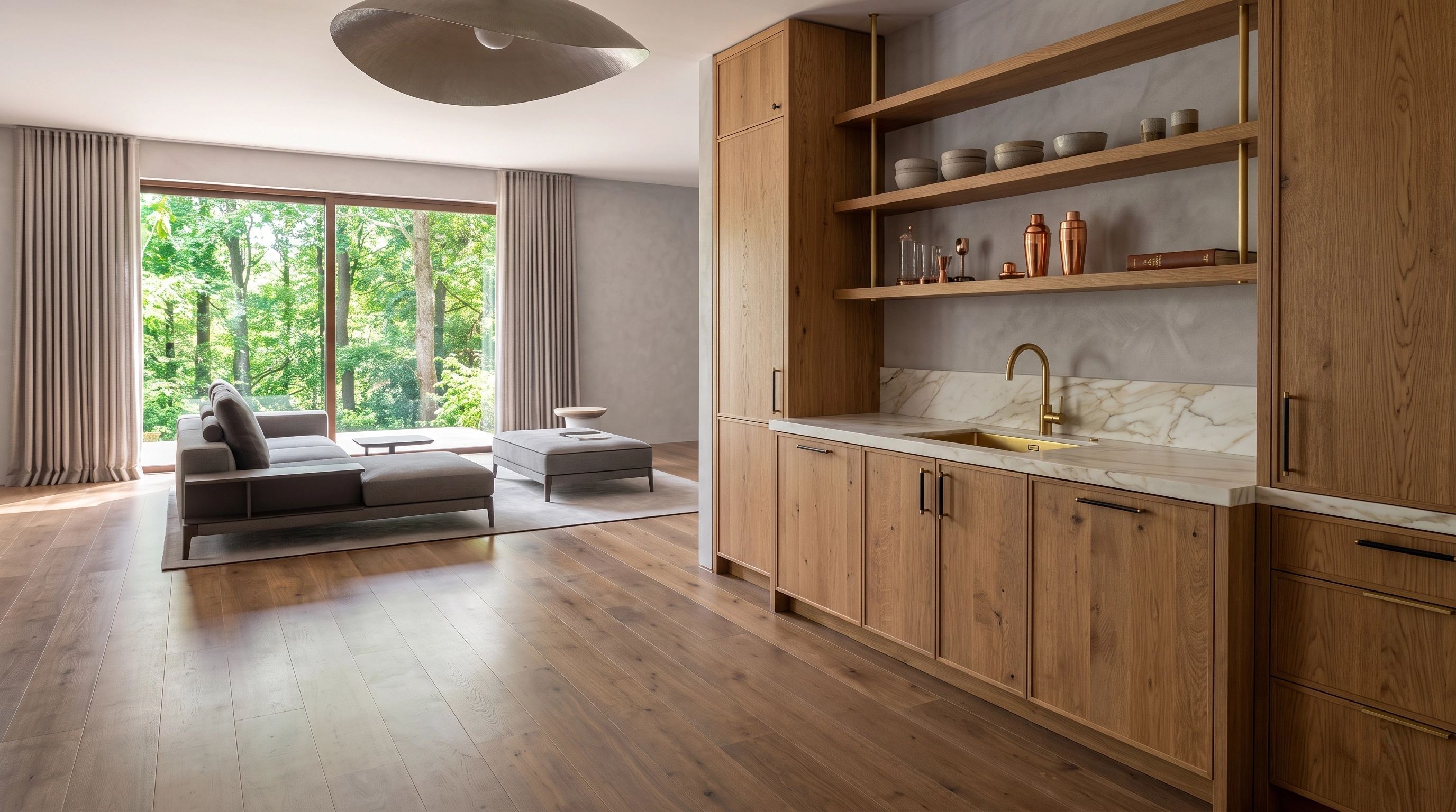 Wooden kitchen open to living room