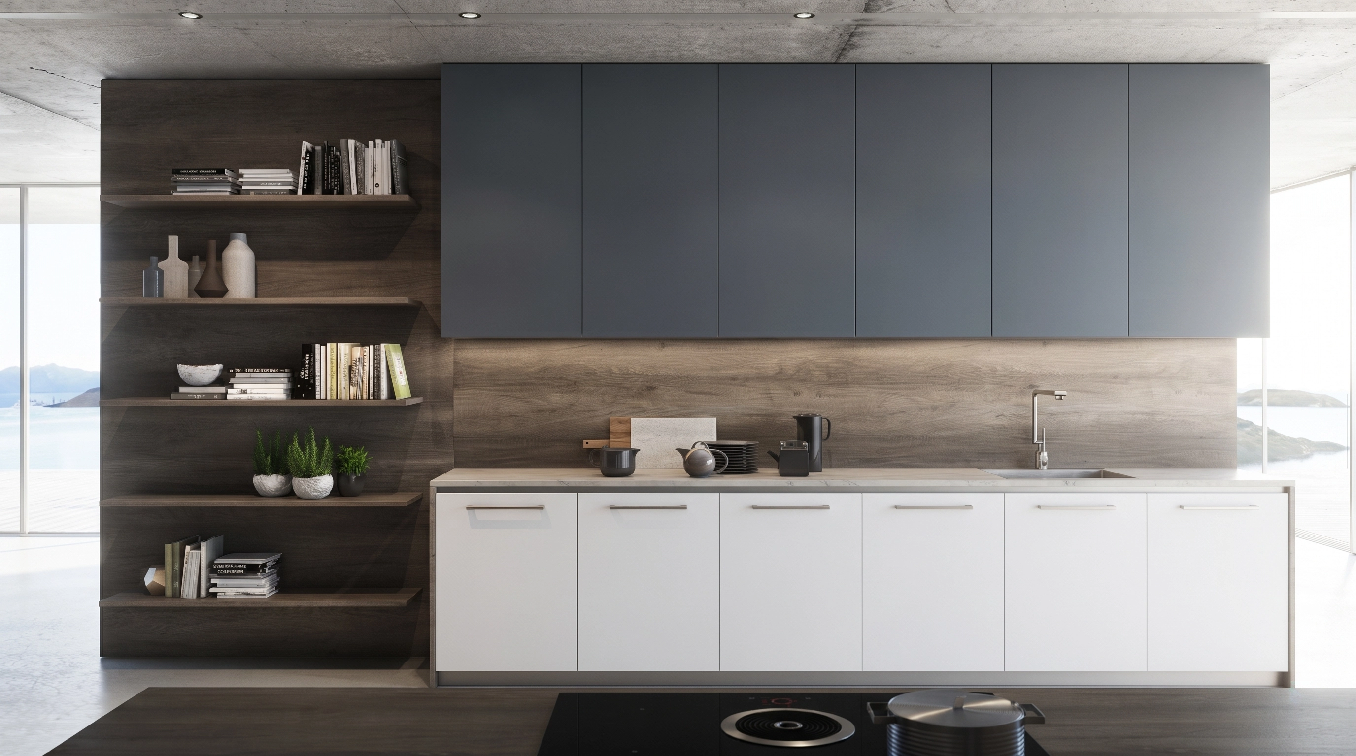 Modern kitchen with blue upper cabinets