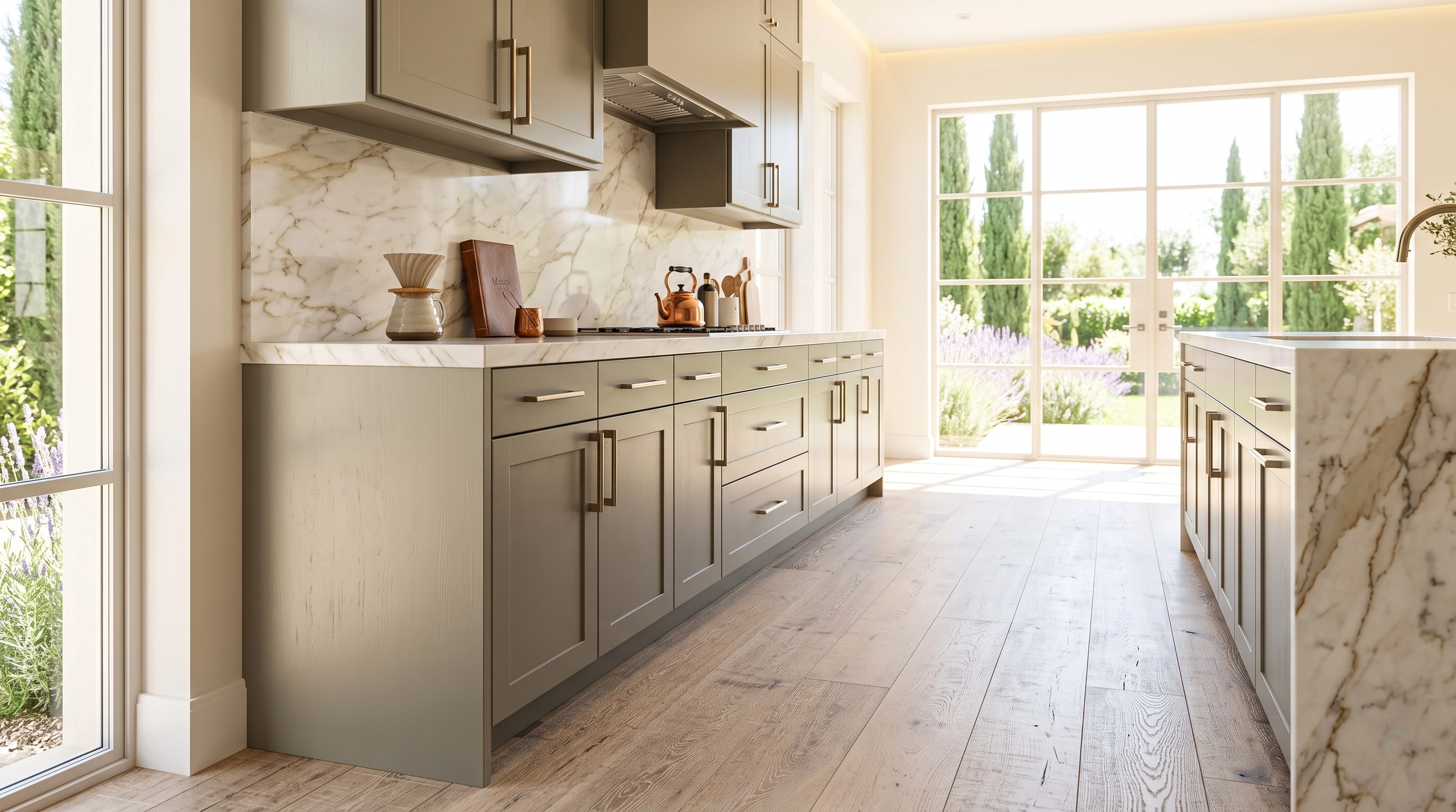 Cream kitchen marble garden view