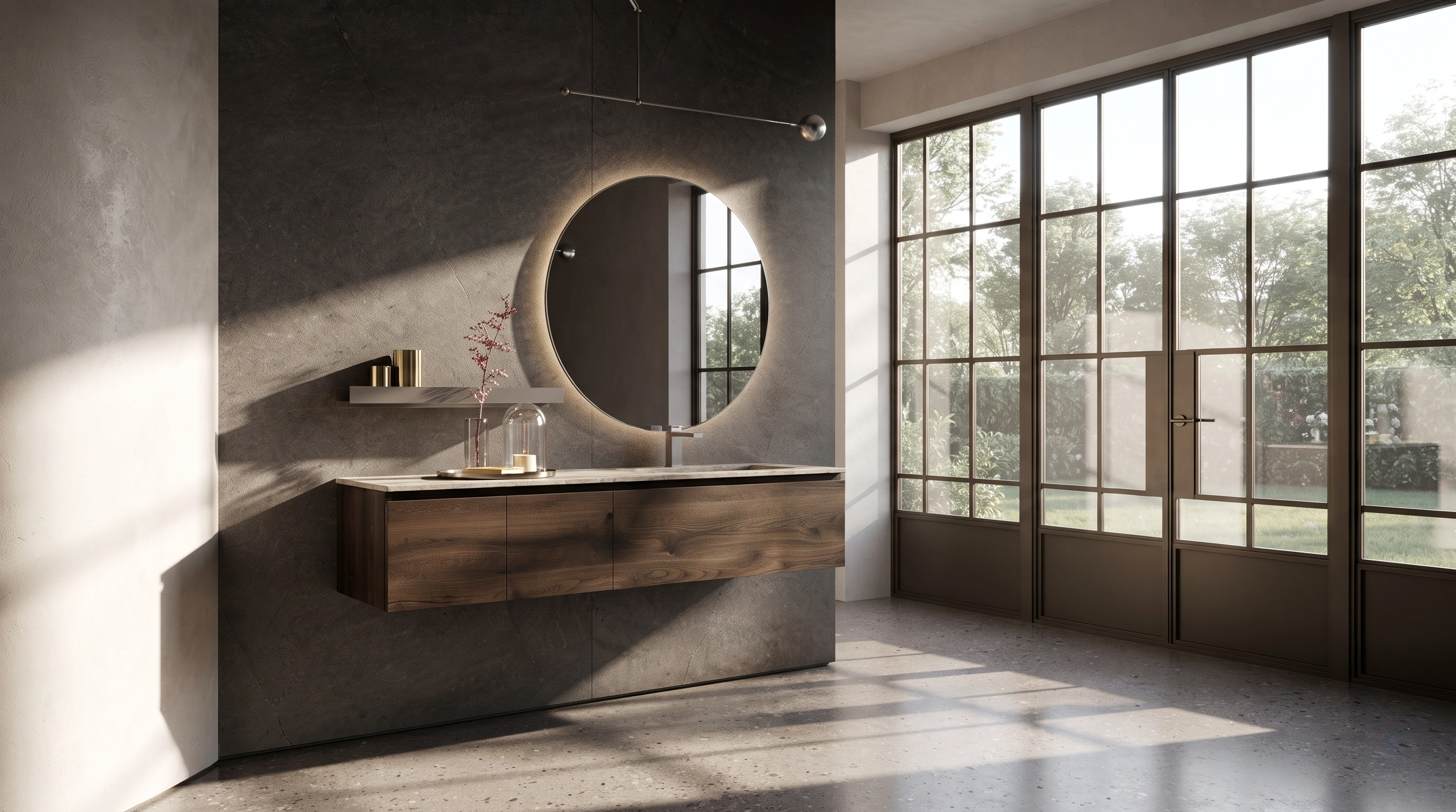 Dark bathroom with round mirror