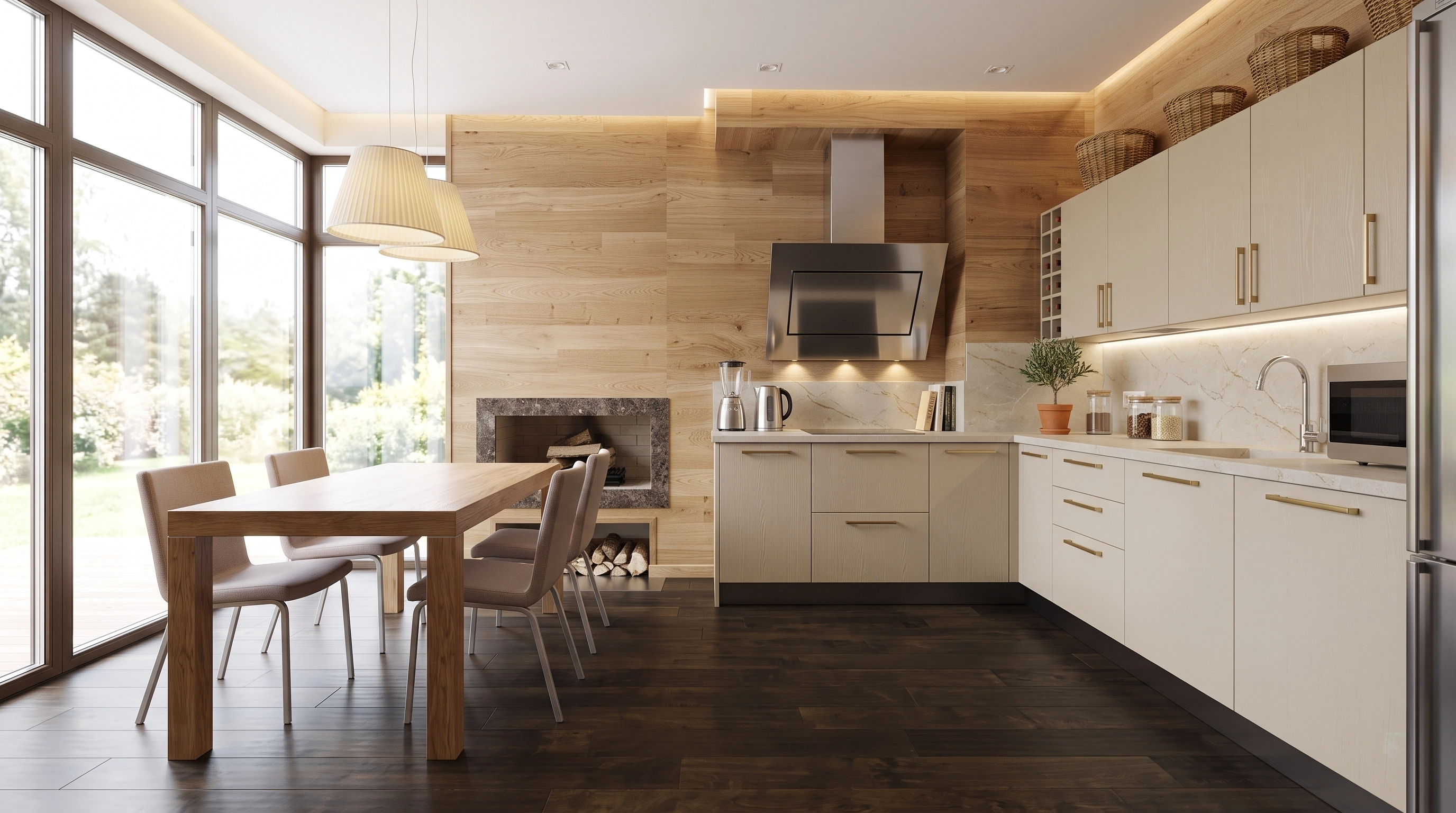 Kitchen dining with fireplace wall
